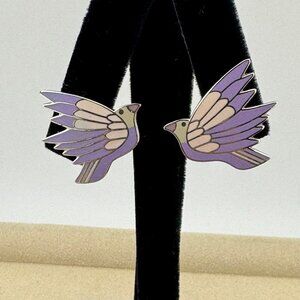 Vintage LAUREL BURCH Earrings Celeste Birds Post Earrings Silver Lavender Cream